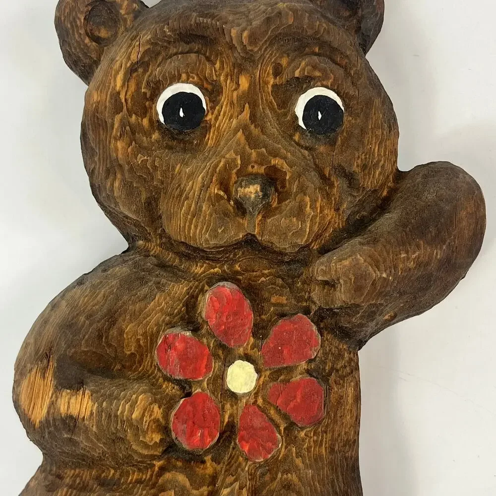 Vintage Handmade Wooden Bear Carved Hand Painted Wall Hanging Decor Red Flower
